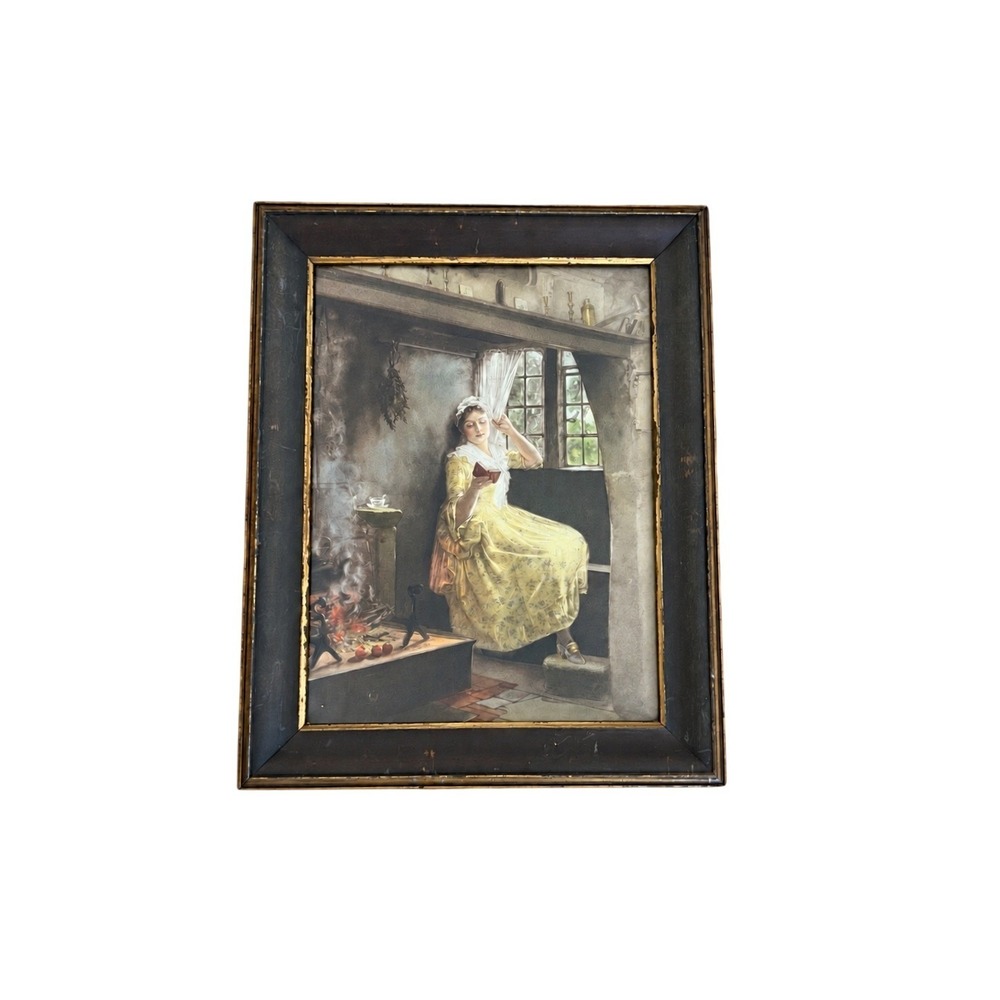 Vintage Framed Art Print Woman in Yellow Dress Reading a Book by Fireplace 14x11